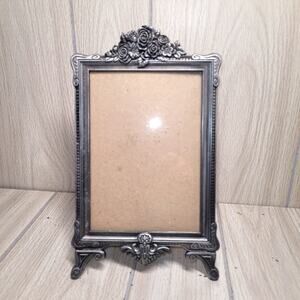 Vtg Pewter Ornate Floral Easel Photo Frame Roses 5x7